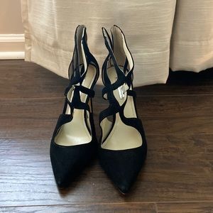 BCBG close-toed pointed strappy black heel
